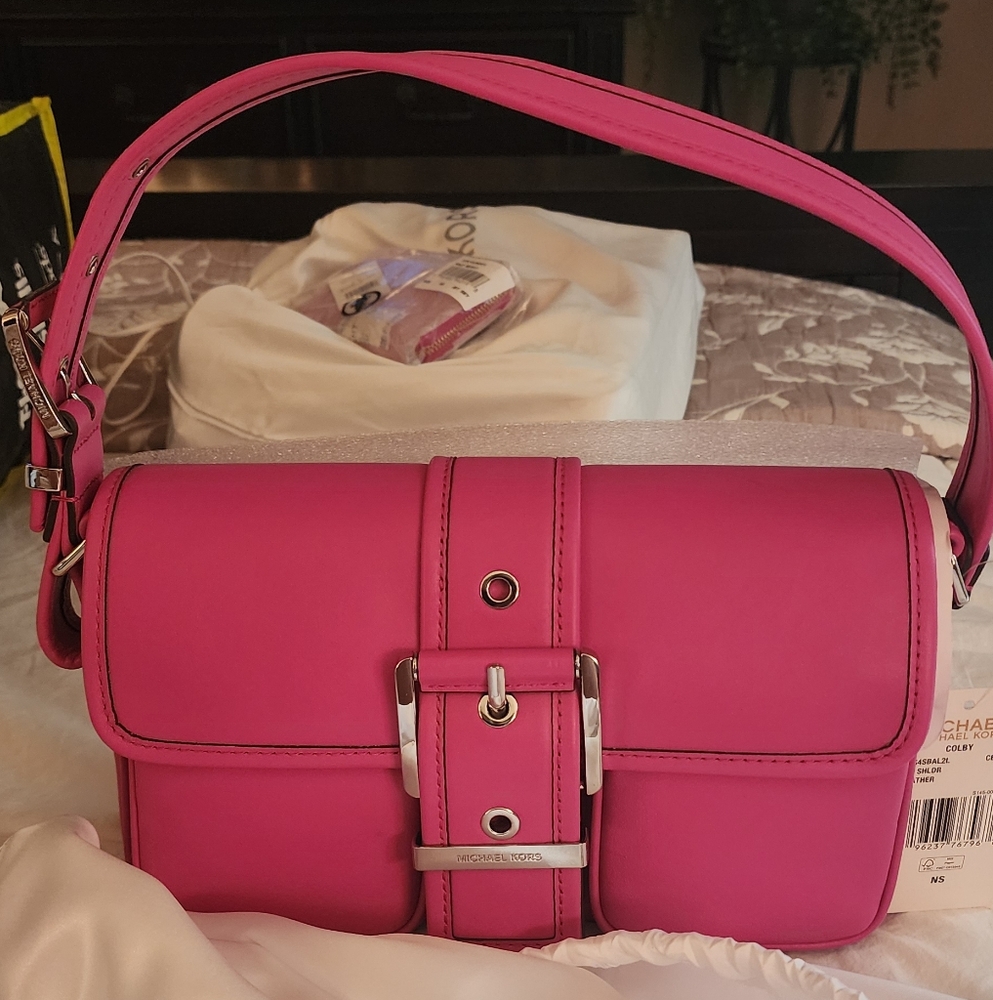 Michael Kors Pink Leather Shoulder Bag with Silver Buckle